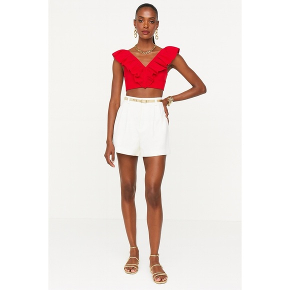 Iorane Top Red Ruffles Crop Flutter Sleeve Coquette Resort Vacation Blouse - Picture 11 of 11